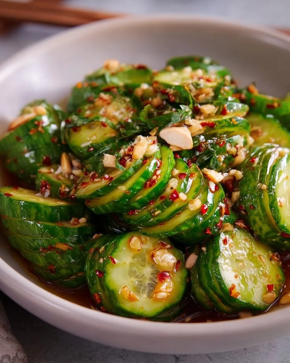 Asian Spicy Cucumber Salad with a mix of cucumbers and spicy dressing