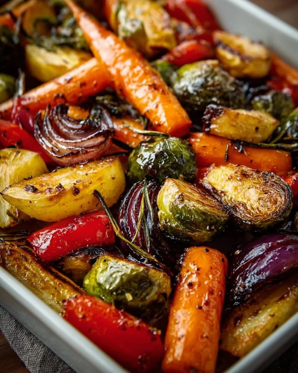 Balsamic glazed roasted vegetables on a serving platter, vibrant and flavorful