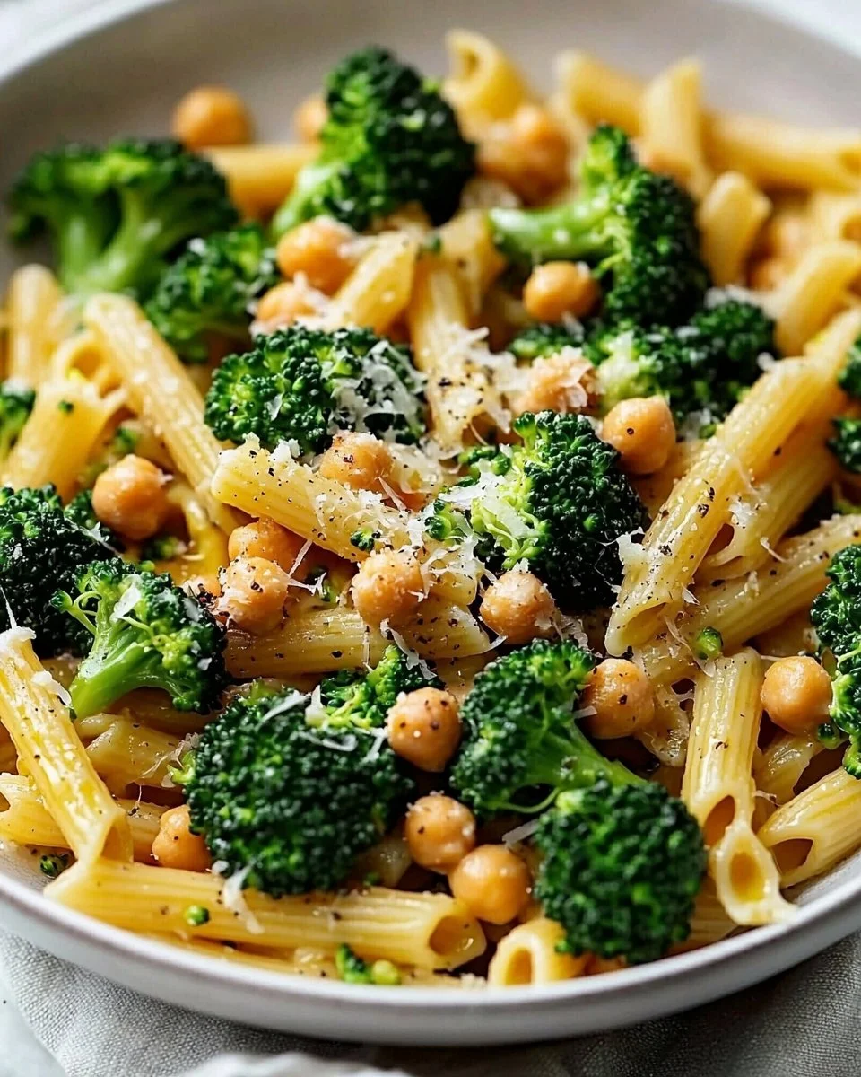 Delicious broccoli chickpea pasta tossed in garlic olive oil