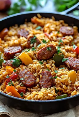 Cajun sausage and rice skillet served in a cast-iron pan with fresh herbs.