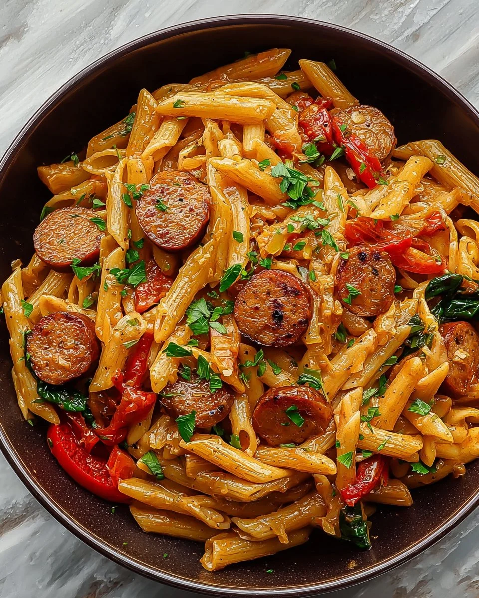 Delicious Cajun Sausage Pasta served with fresh herbs and spices.