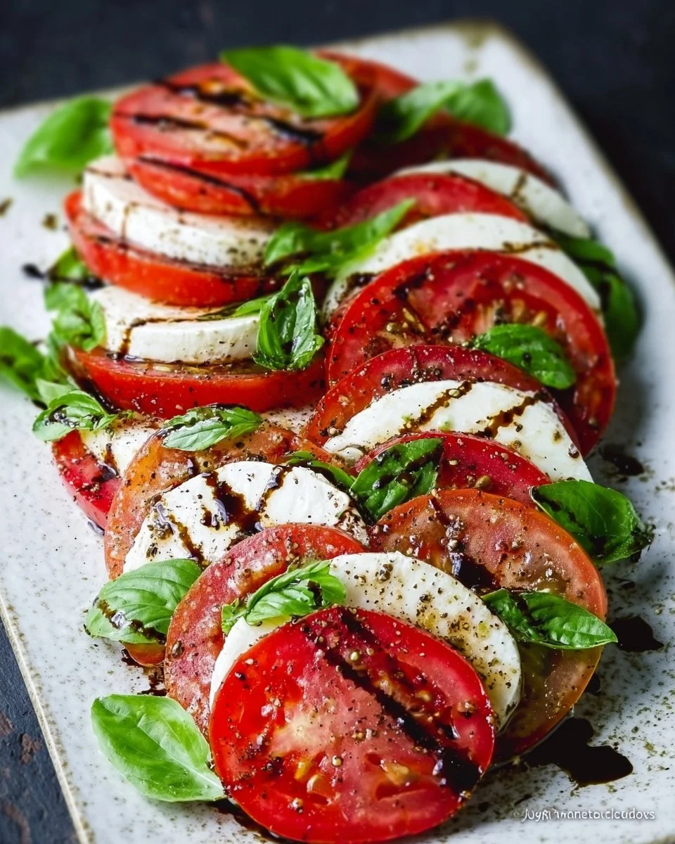 Delicious Caprese Salad with tomatoes, mozzarella, and basil garnish