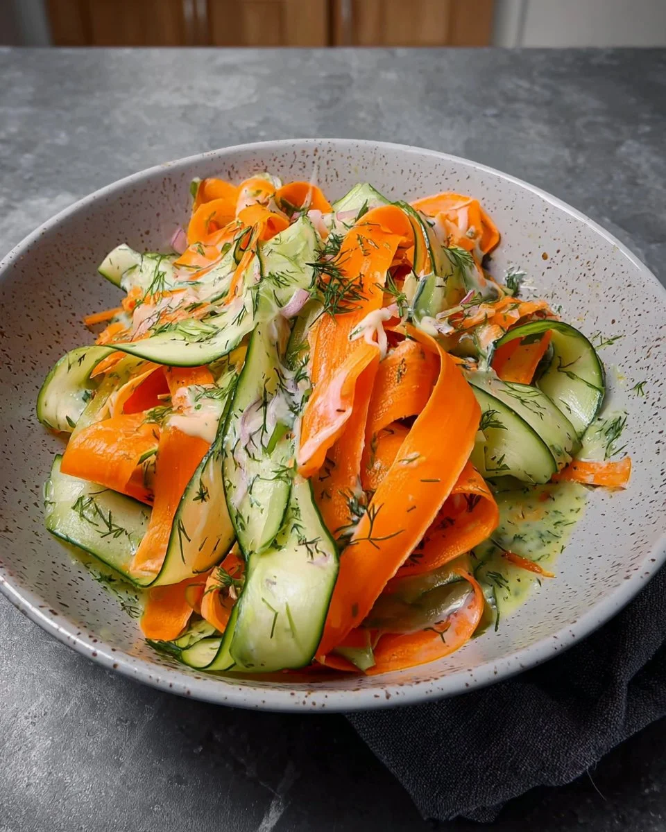 Close-up of a colorful Carrot Cucumber Ribbon Salad with vibrant veggies.
