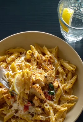 Creamy cheesy chicken pasta served in a bowl with fresh herbs