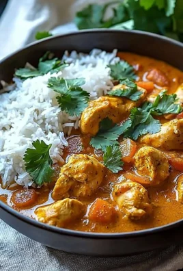 Delicious chicken curry Indian recipe served with rice and garnish.