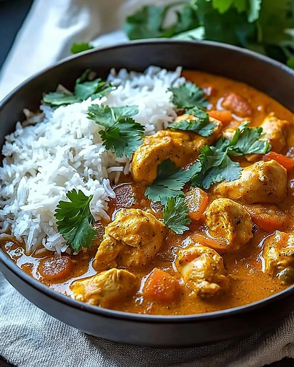 Delicious chicken curry Indian recipe served with rice and garnish.