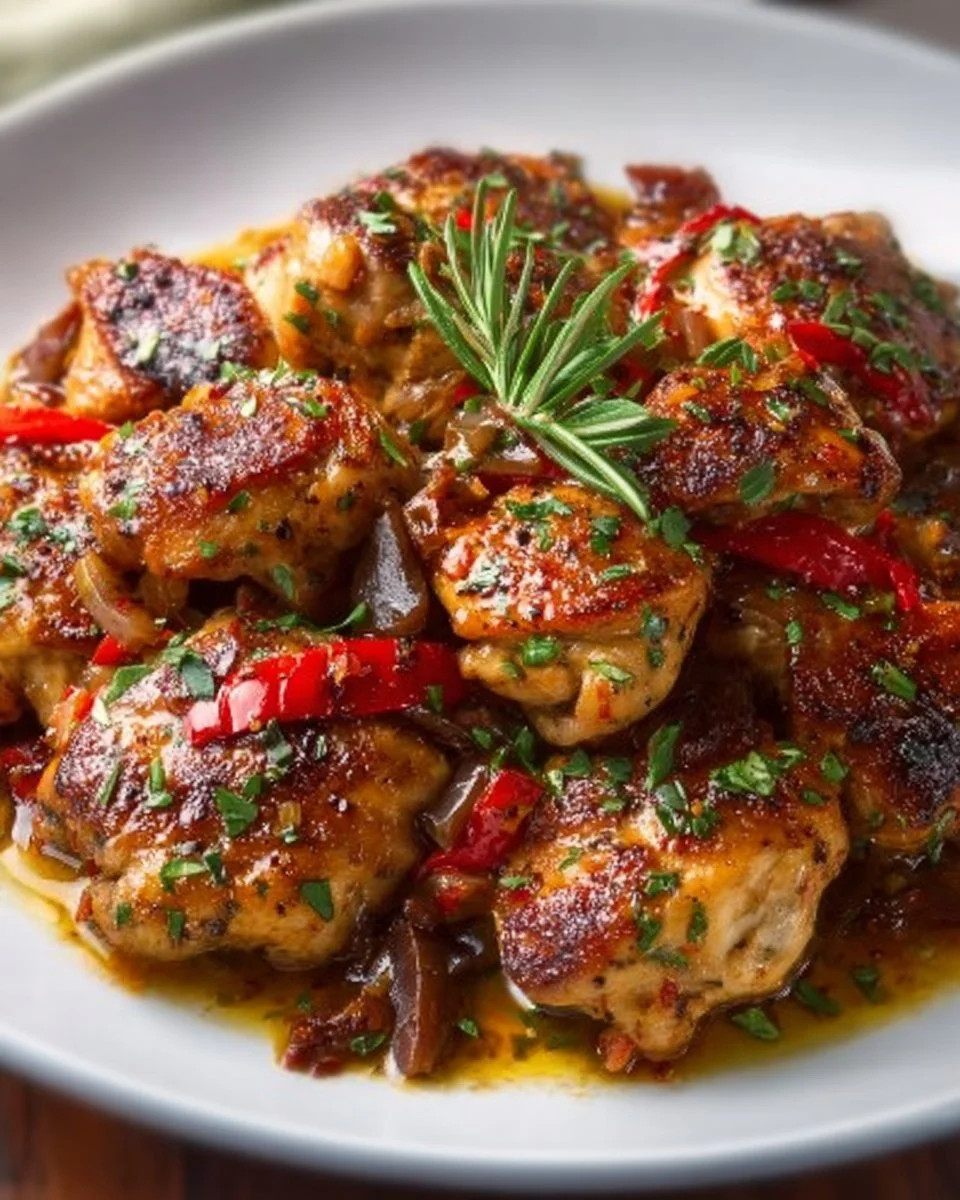 Delicious Chicken Scarpariello served with bell peppers and spices.