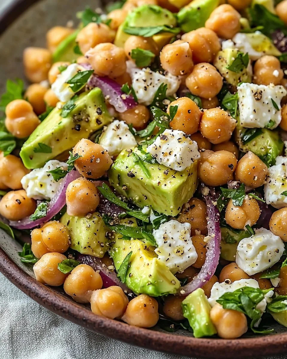 Chickpea Feta Avocado Salad in a bowl with fresh vegetables