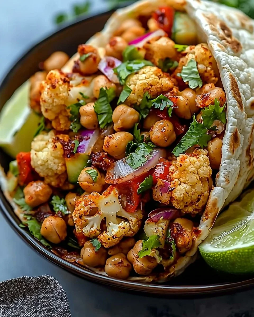 Chili Lime Chickpea Cauliflower Wrap on a plate with fresh ingredients