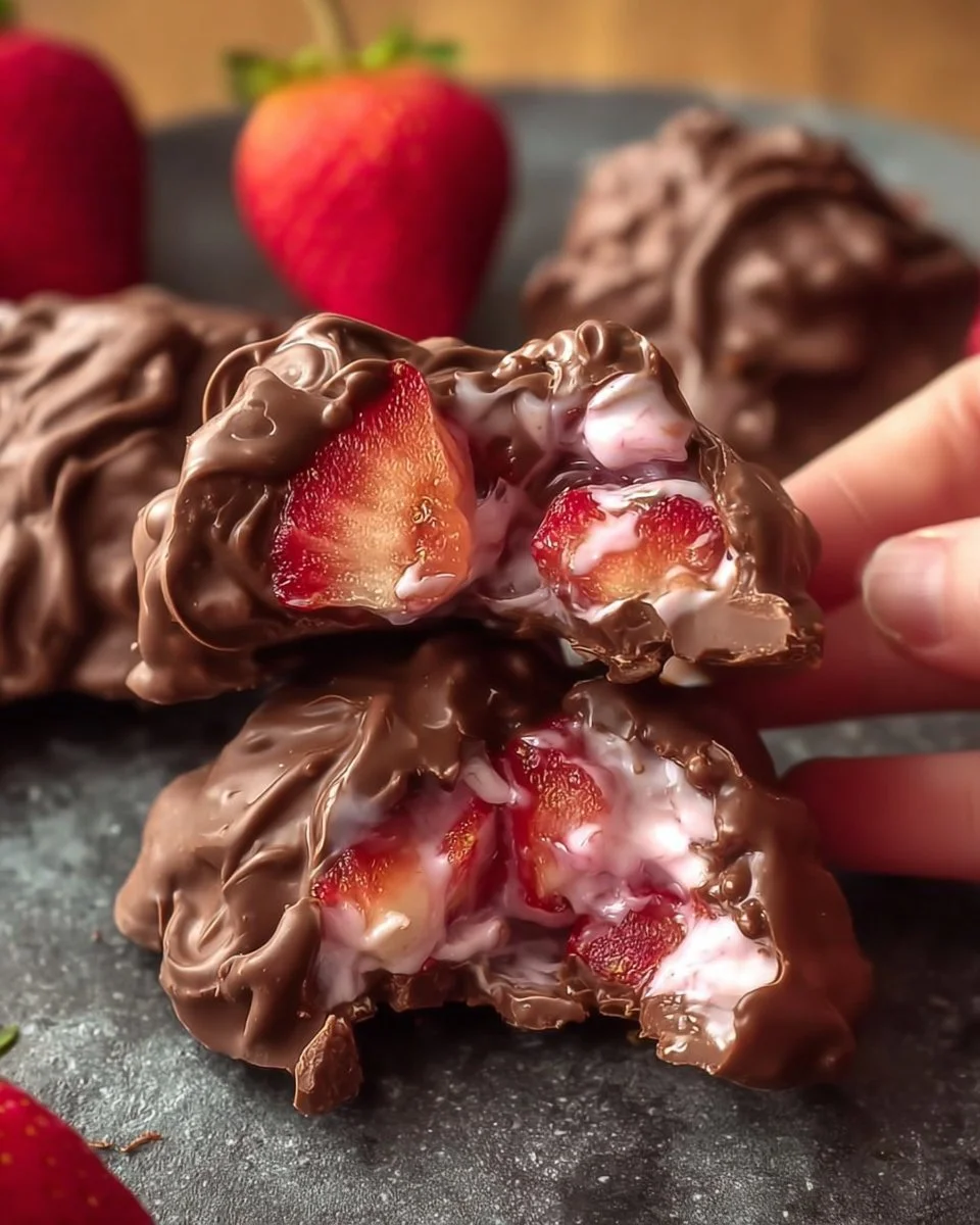 Chocolate strawberry yogurt clusters, a delicious and healthy snack option.