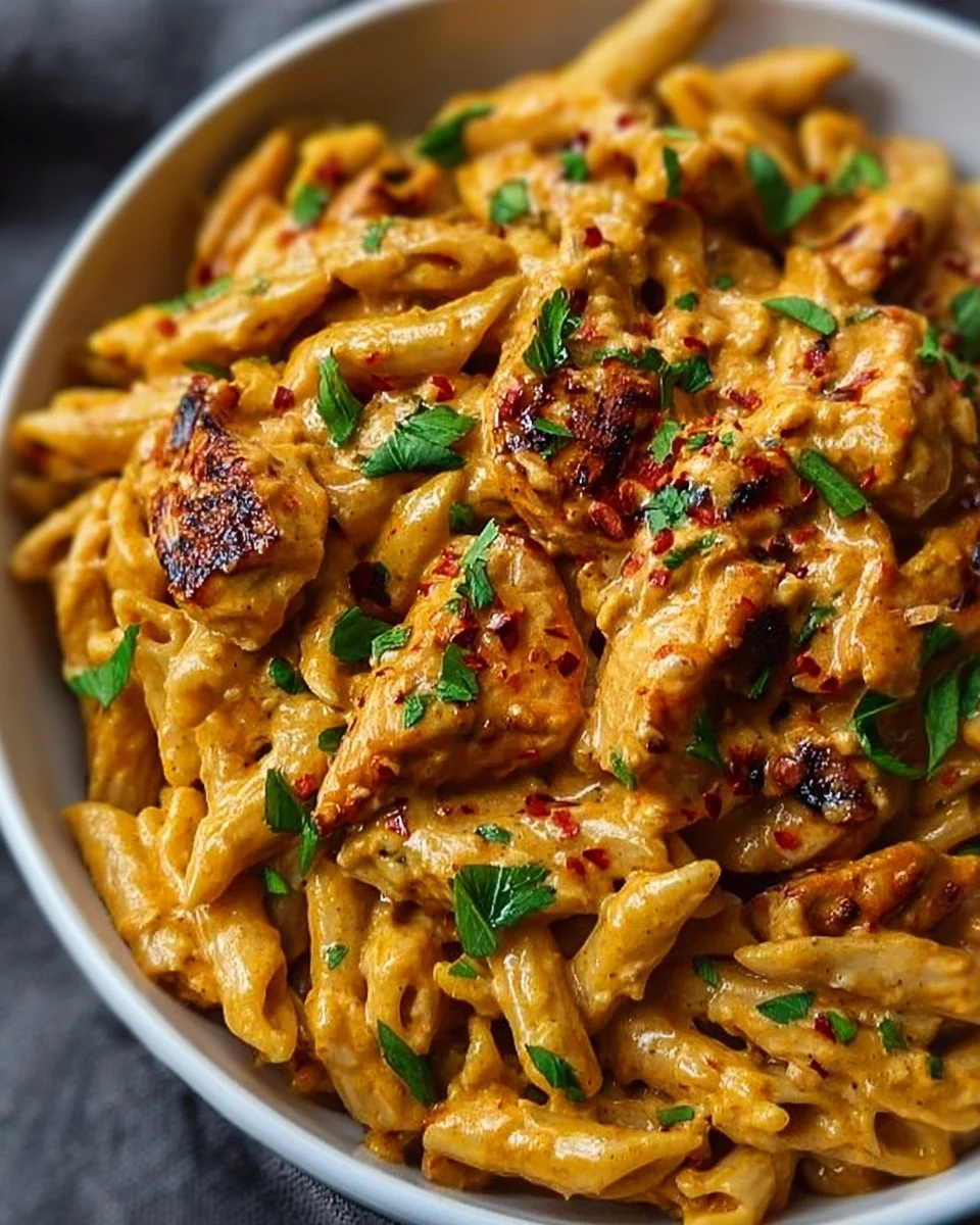 Creamy Butter Chicken Pasta served in a bowl with herbs and spices
