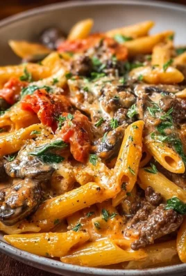 Creamy beef pasta dish garnished with herbs and served in a bowl