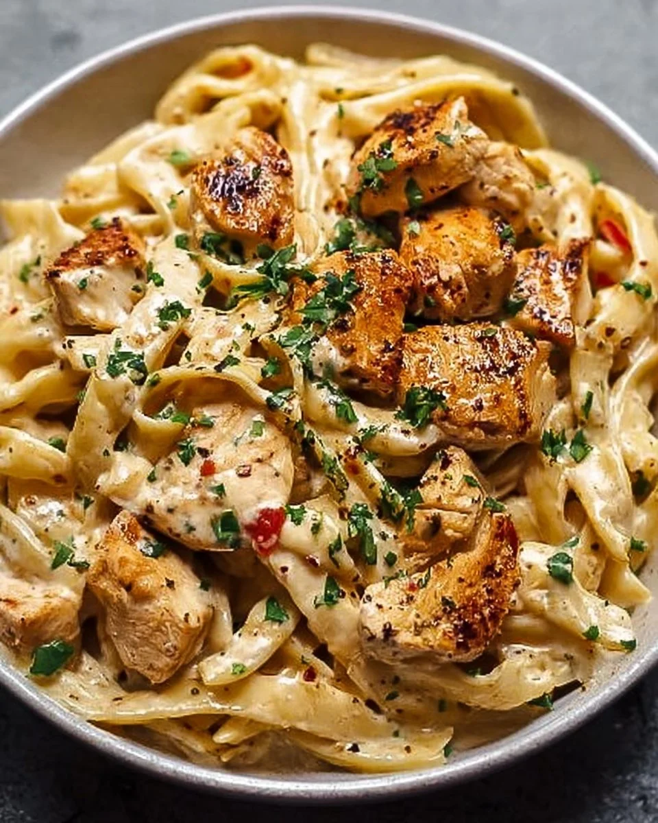 Creamy Cajun Chicken Pasta garnished with herbs and served in a bowl