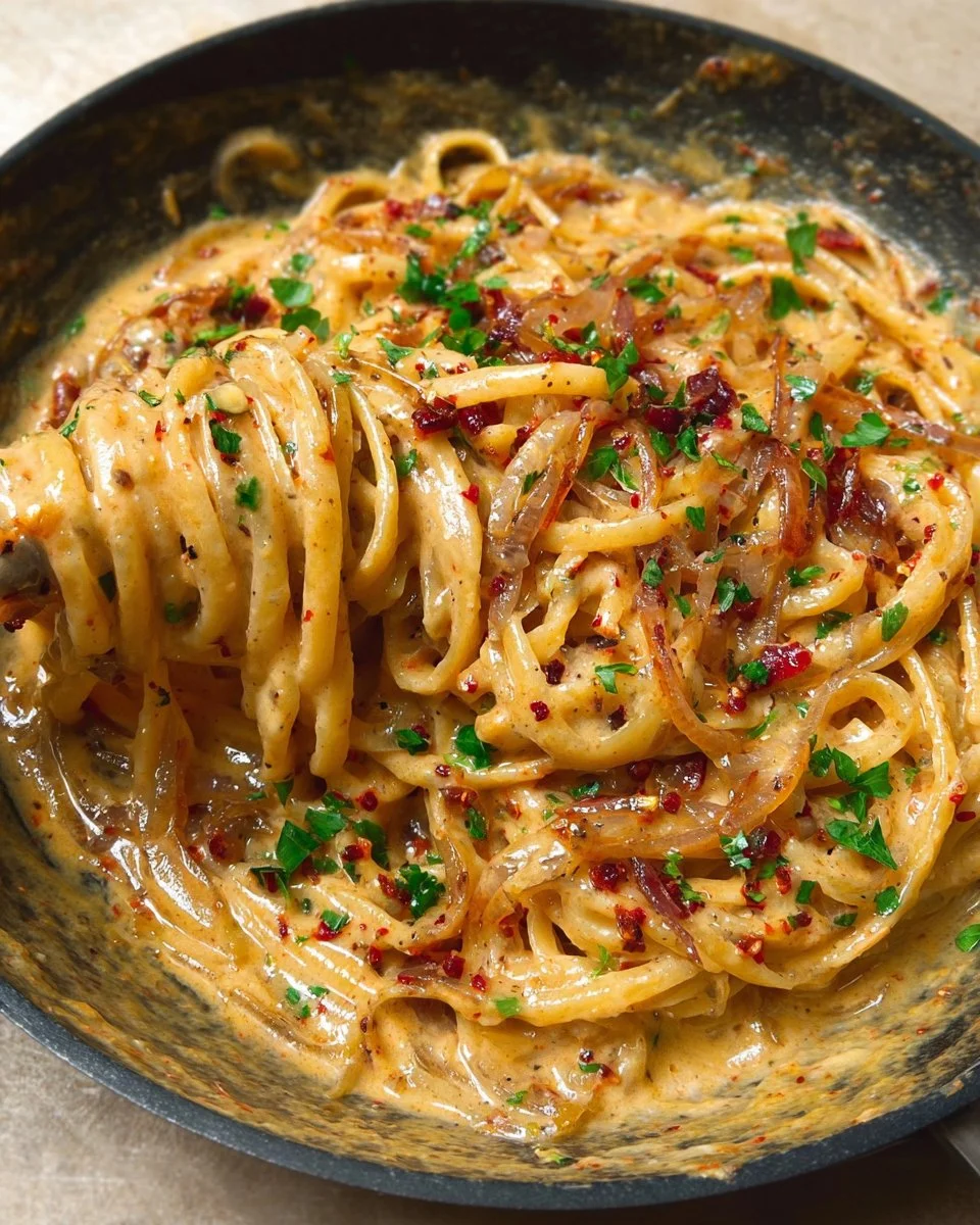 Plate of creamy caramelized onion pasta topped with herbs
