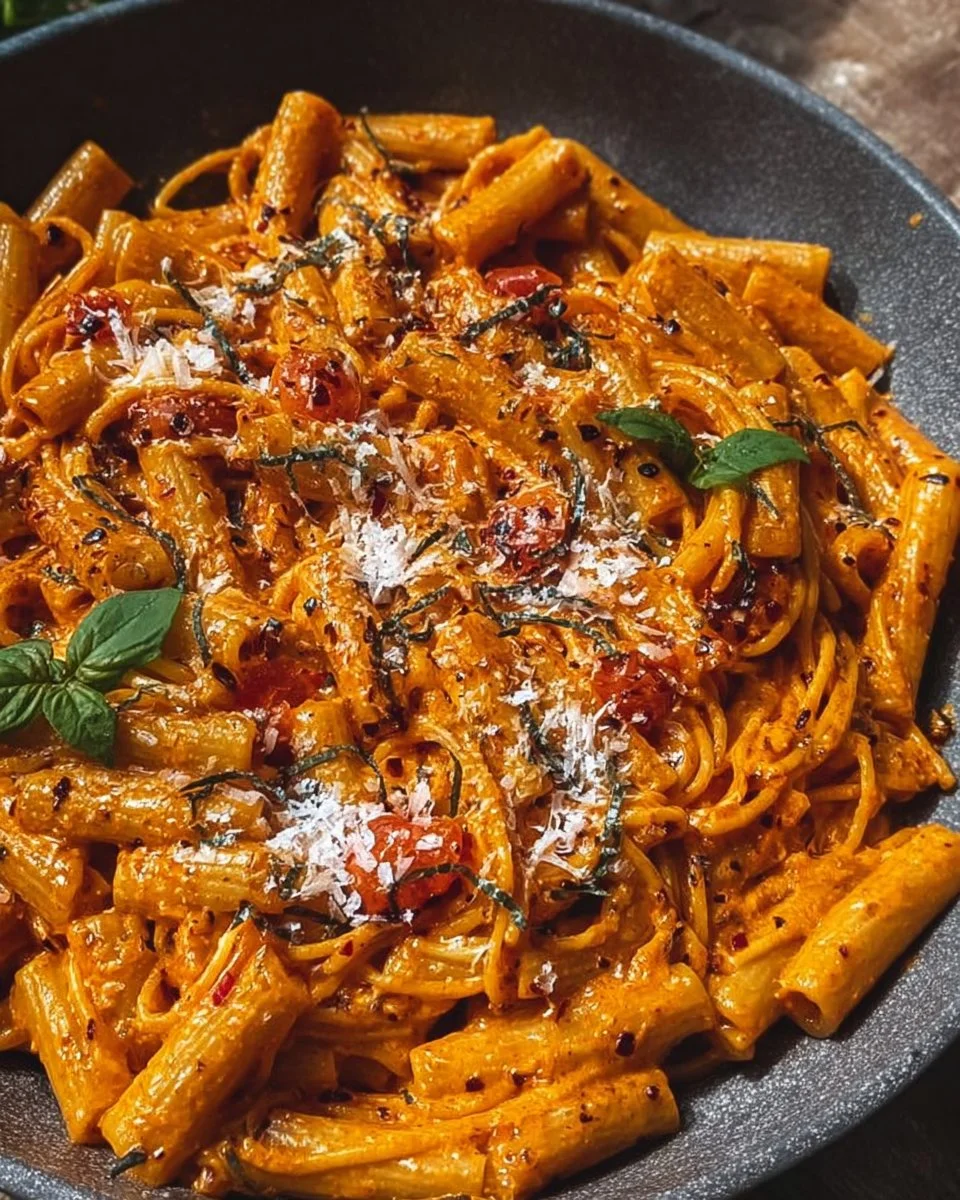 Creamy chili oil pasta topped with fresh herbs and chili flakes