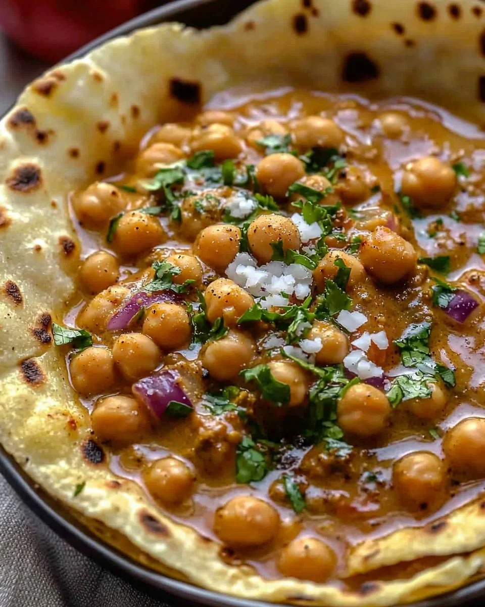 Bowl of creamy coconut chickpea curry garnished with fresh herbs and spices