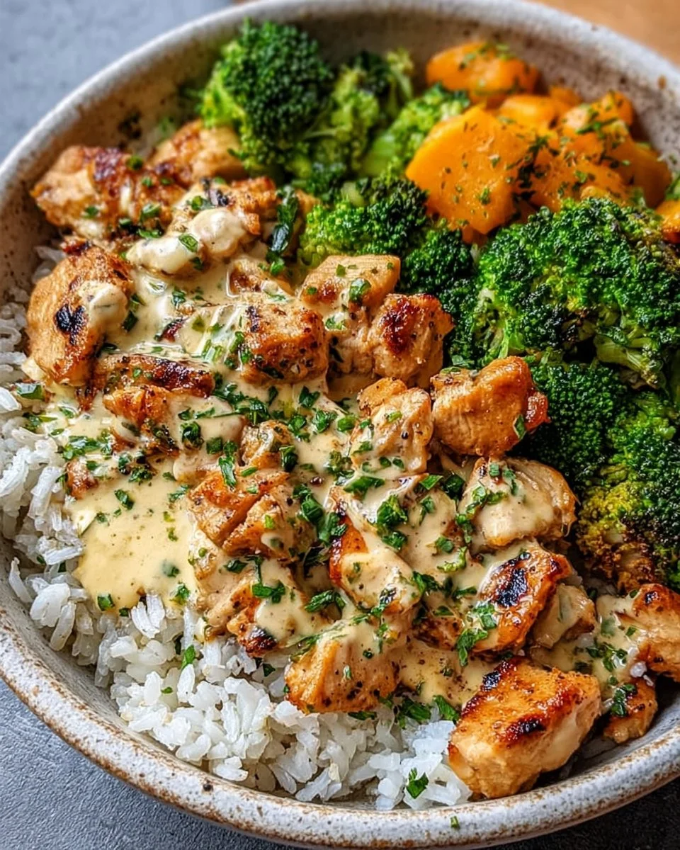 Delicious creamy garlic chicken rice bowl with fresh herbs and vegetables