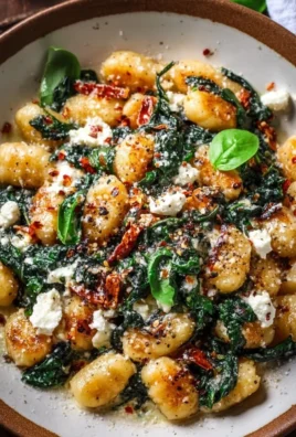Creamy gnocchi dish topped with spinach and feta cheese