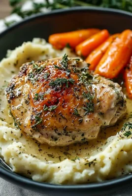 Creamy herb chicken served with mashed potatoes and honey glazed carrots
