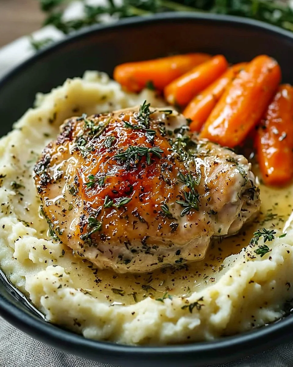 Creamy herb chicken served with mashed potatoes and honey glazed carrots