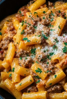Creamy Italian sausage rigatoni dish served with fresh herbs and Parmesan cheese.