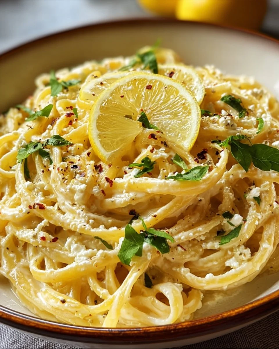 Creamy lemon feta pasta with fresh herbs and lemon zest