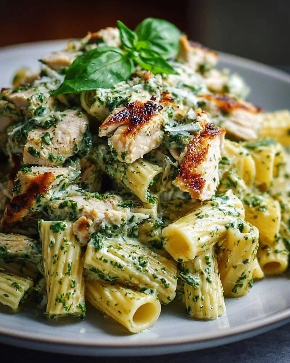 Creamy pesto chicken pasta served in a bowl with fresh basil and grated cheese