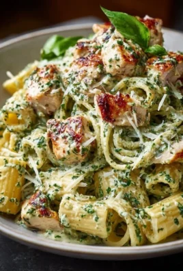 Creamy pesto chicken pasta dish garnished with basil and served in a bowl