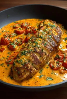 Delicious creamy tomato chicken breast served with fresh herbs.