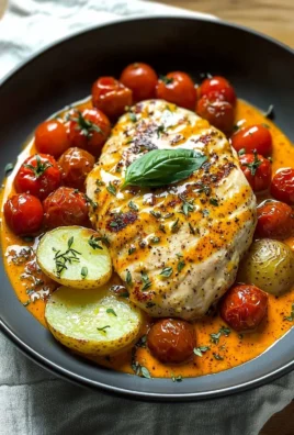 Creamy tomato chicken breast served on a plate with fresh herbs.