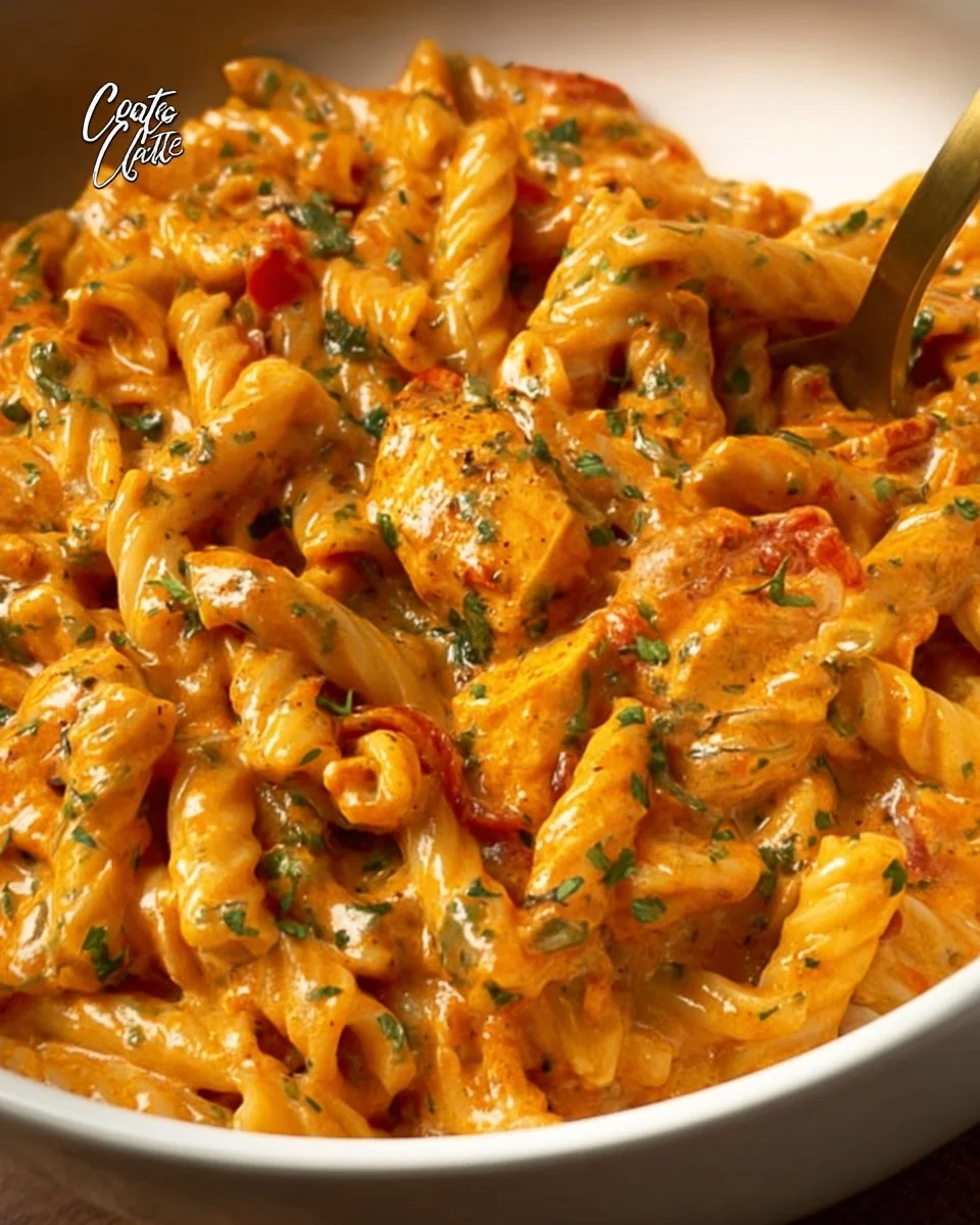 Creamy tomato chicken pasta served in a bowl garnished with fresh herbs