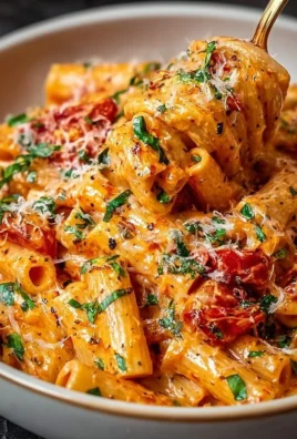 Creamy tomato garlic pasta dish with herbs and fresh ingredients