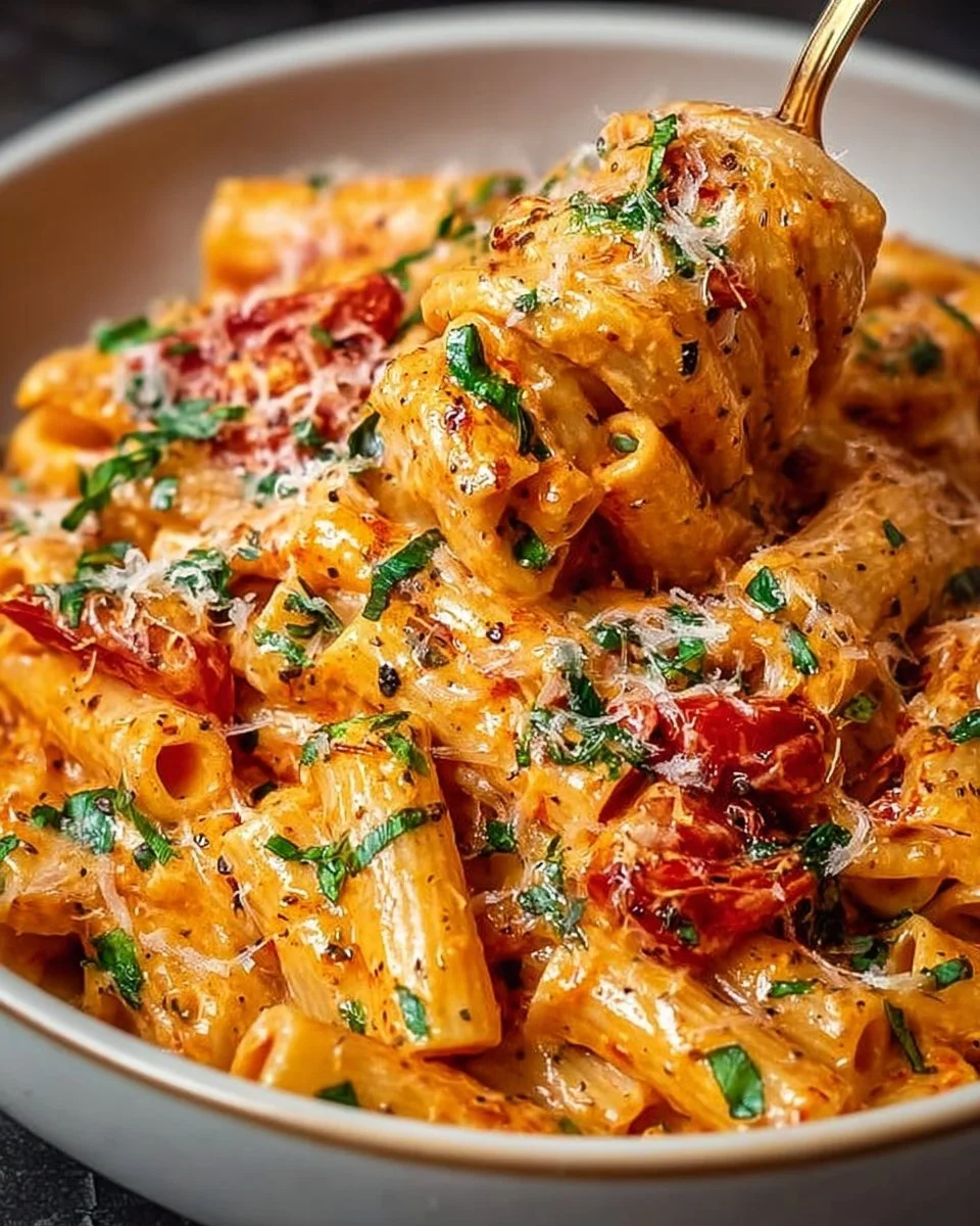 Creamy tomato garlic pasta dish with herbs and fresh ingredients