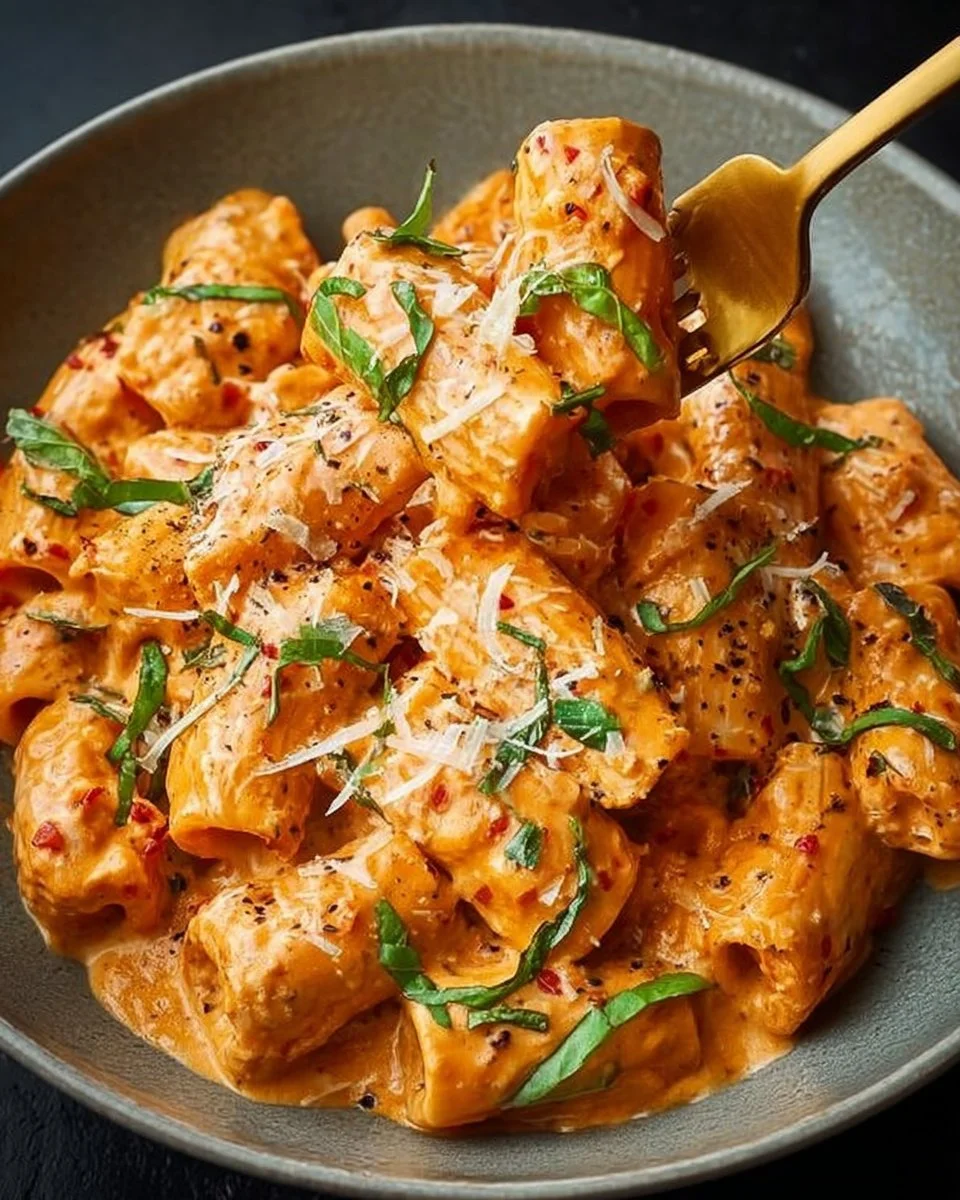 Creamy tomato garlic pasta topped with fresh herbs and cheese