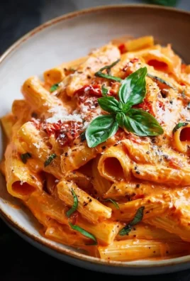 Delicious creamy tomato pasta garnished with fresh basil and Parmesan.