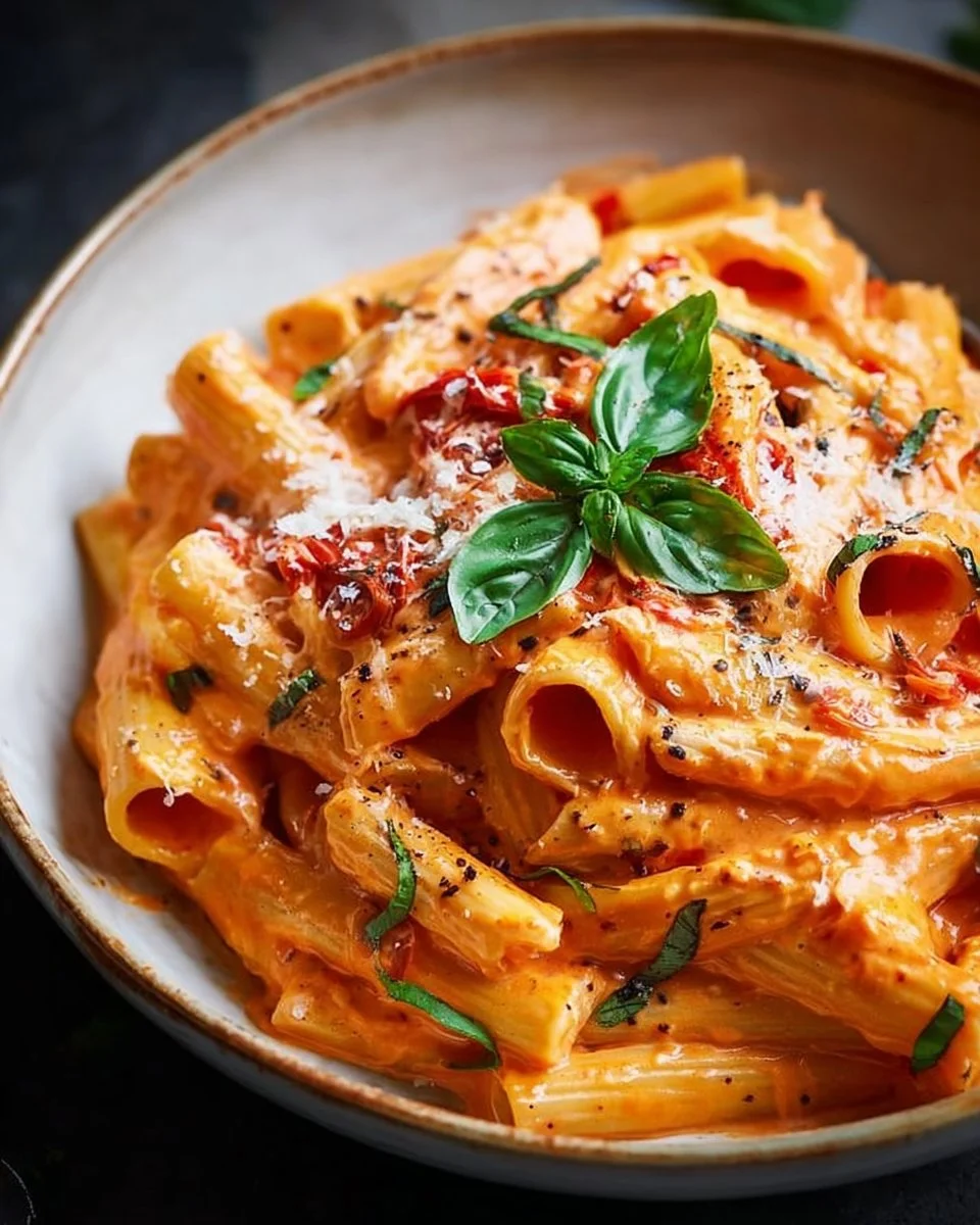 Delicious creamy tomato pasta garnished with fresh basil and Parmesan.