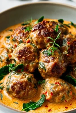 Creamy Tuscan low carb meatballs served in a bowl with fresh herbs