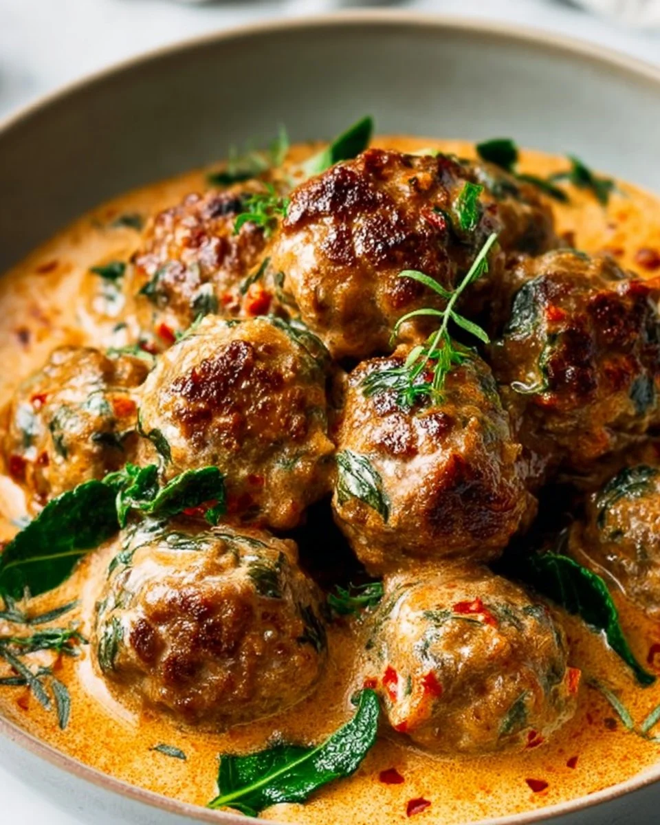 Creamy Tuscan low carb meatballs served in a bowl with fresh herbs