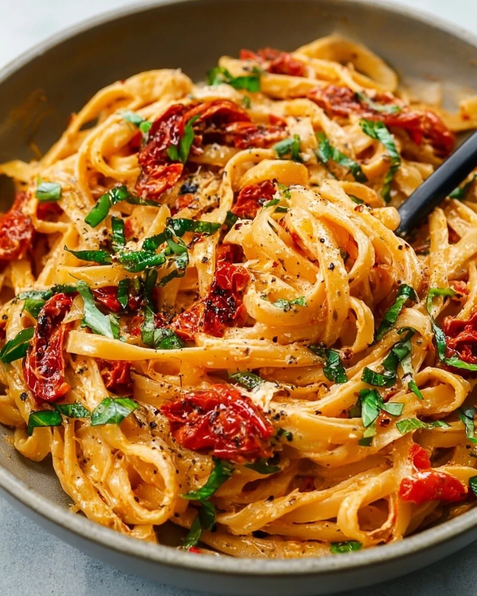 Creamy vegan sun-dried tomato pasta served in a bowl with fresh basil