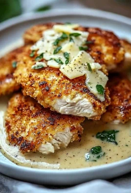 Crispy Parmesan Chicken topped with rich garlic sauce on a plate