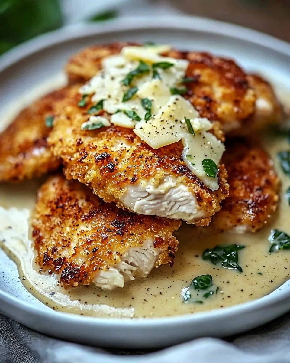 Crispy Parmesan Chicken topped with rich garlic sauce on a plate