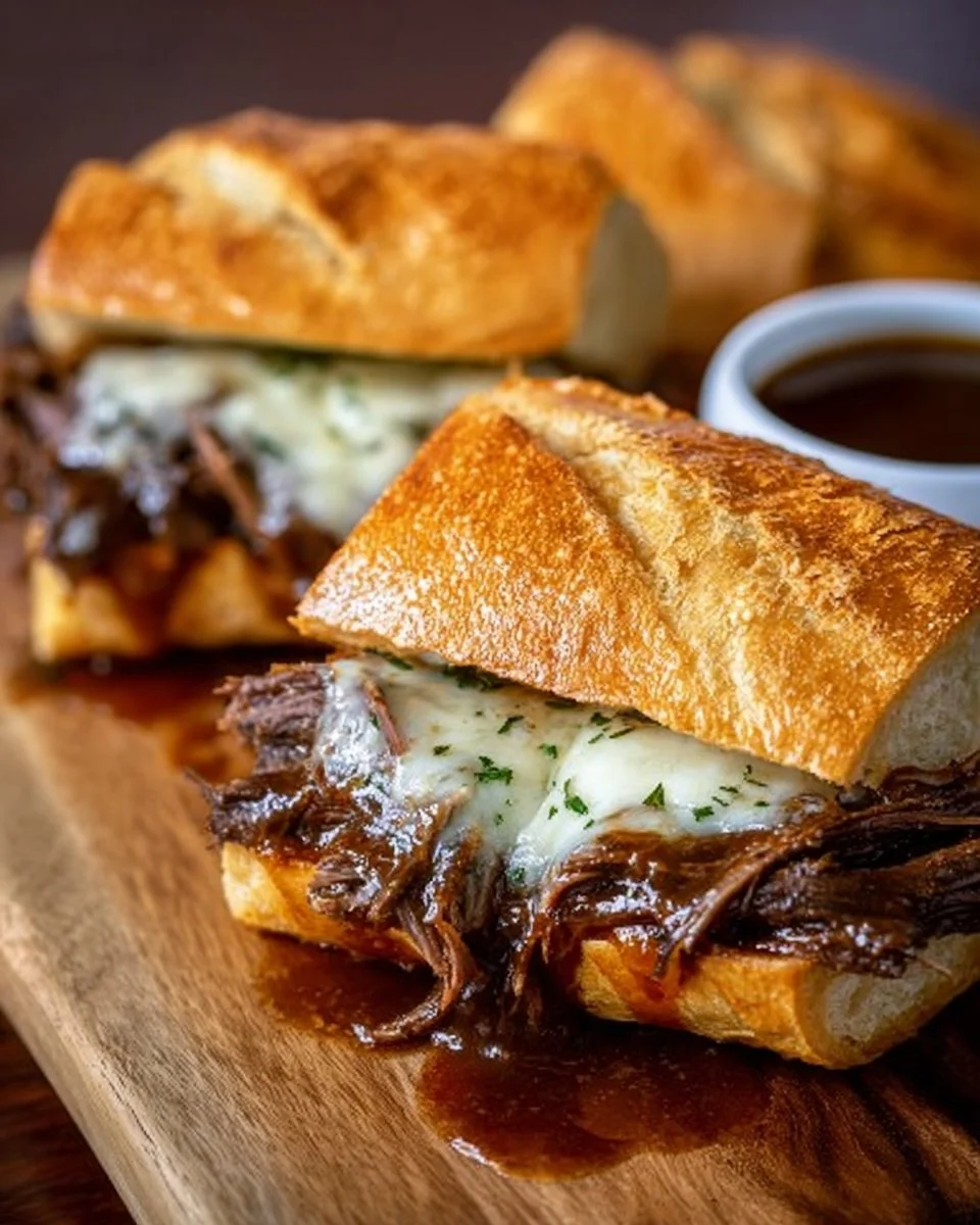 Crockpot French dip sandwiches served with au jus for dipping