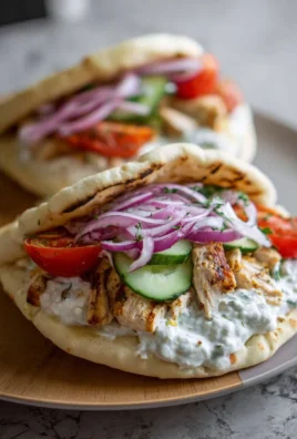 Crockpot Greek Chicken Pitas topped with Tzatziki sauce