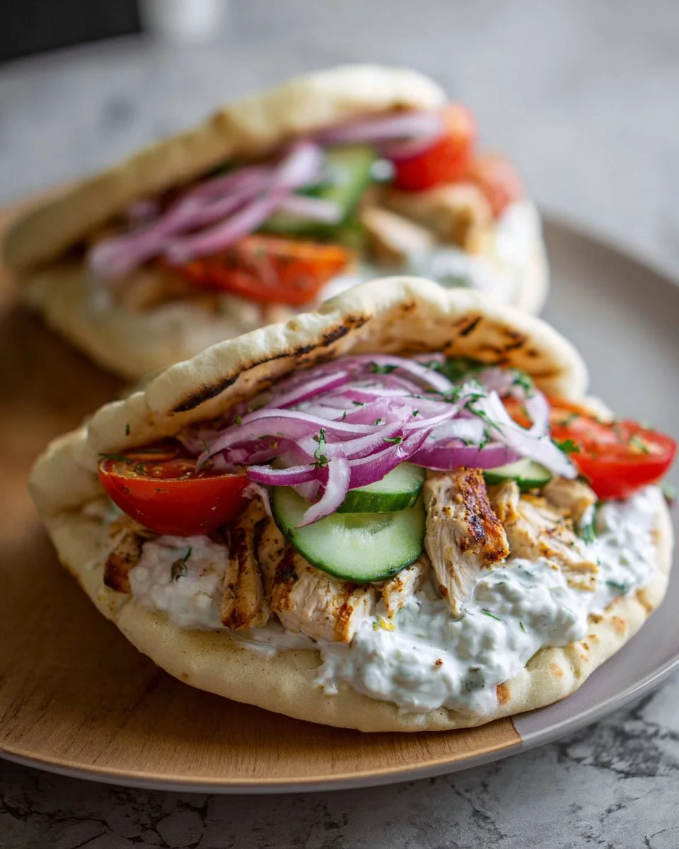 Crockpot Greek Chicken Pitas topped with Tzatziki sauce