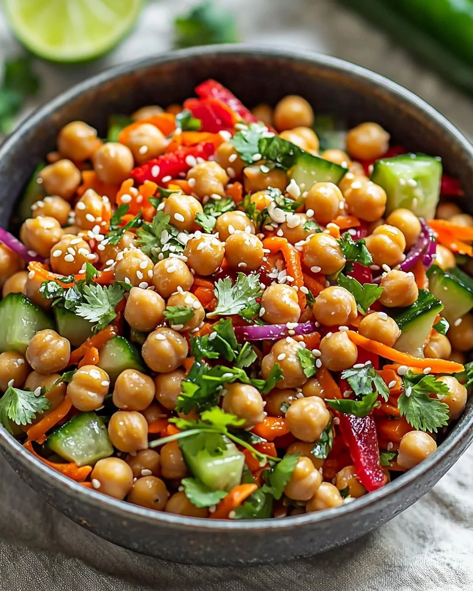 Crunchy Thai Chickpea Salad with fresh vegetables and herbs in a vibrant dressing