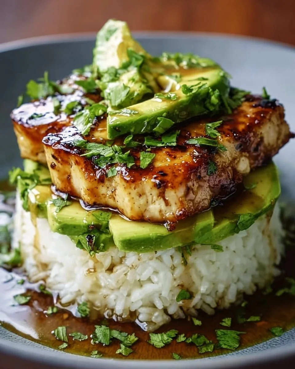 Honey lime chicken served with a fresh avocado rice stack