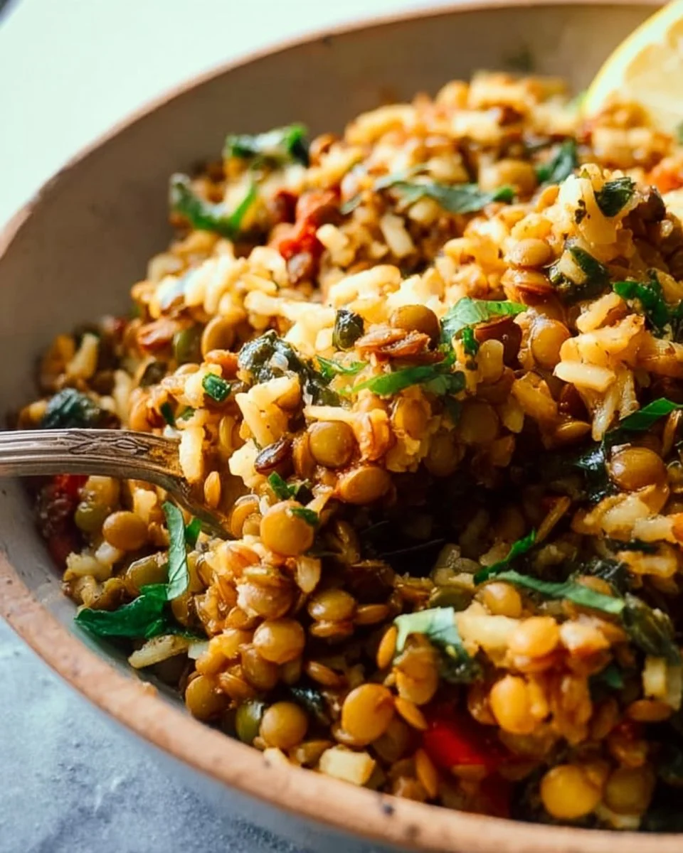 Bowl of Easy Mediterranean Lentils and Rice garnished with herbs and spices.