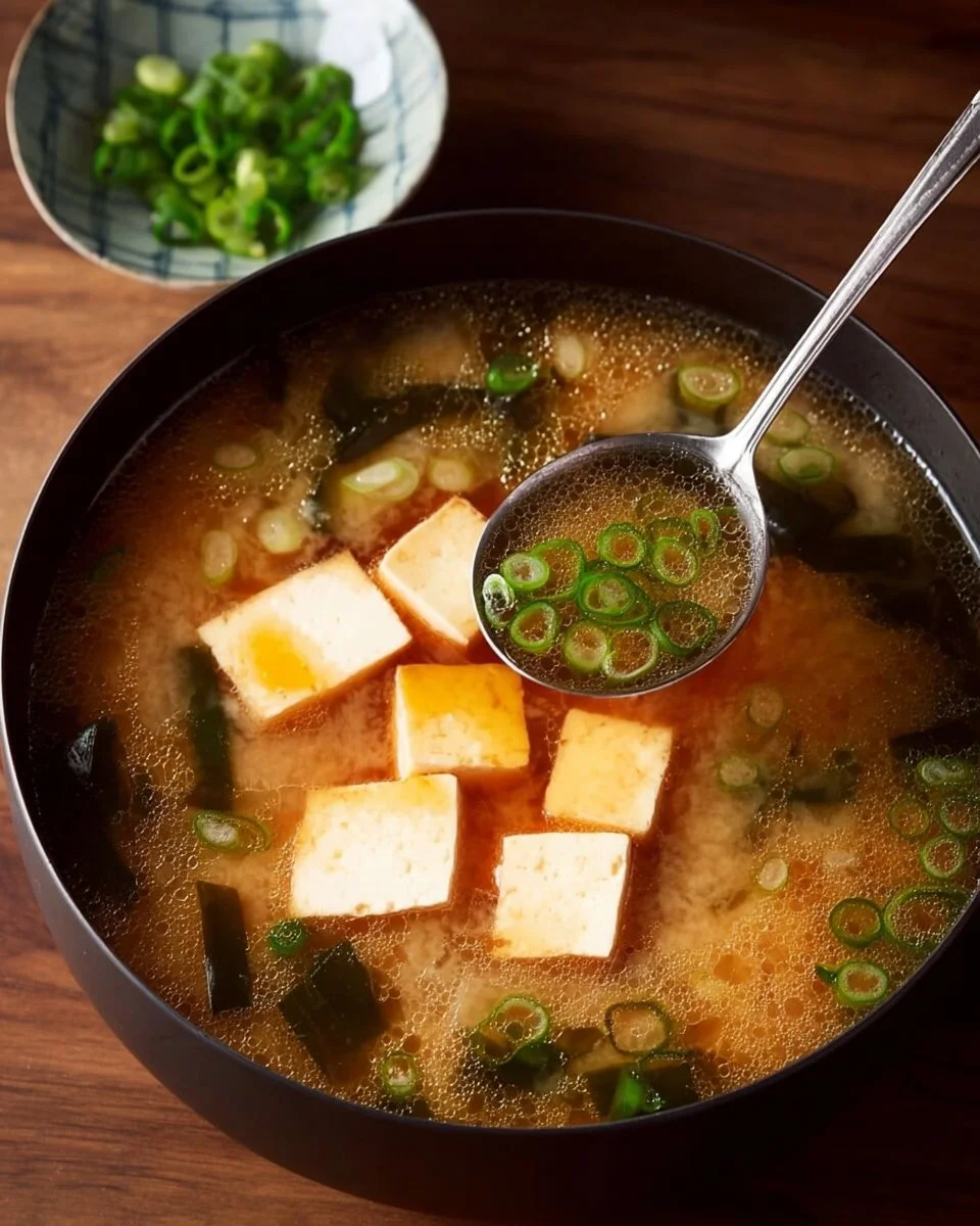 Bowl of easy gluten-free miso soup with tofu and green onions