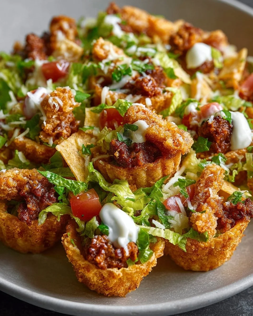 Delicious easy taco cups served on a plate with toppings