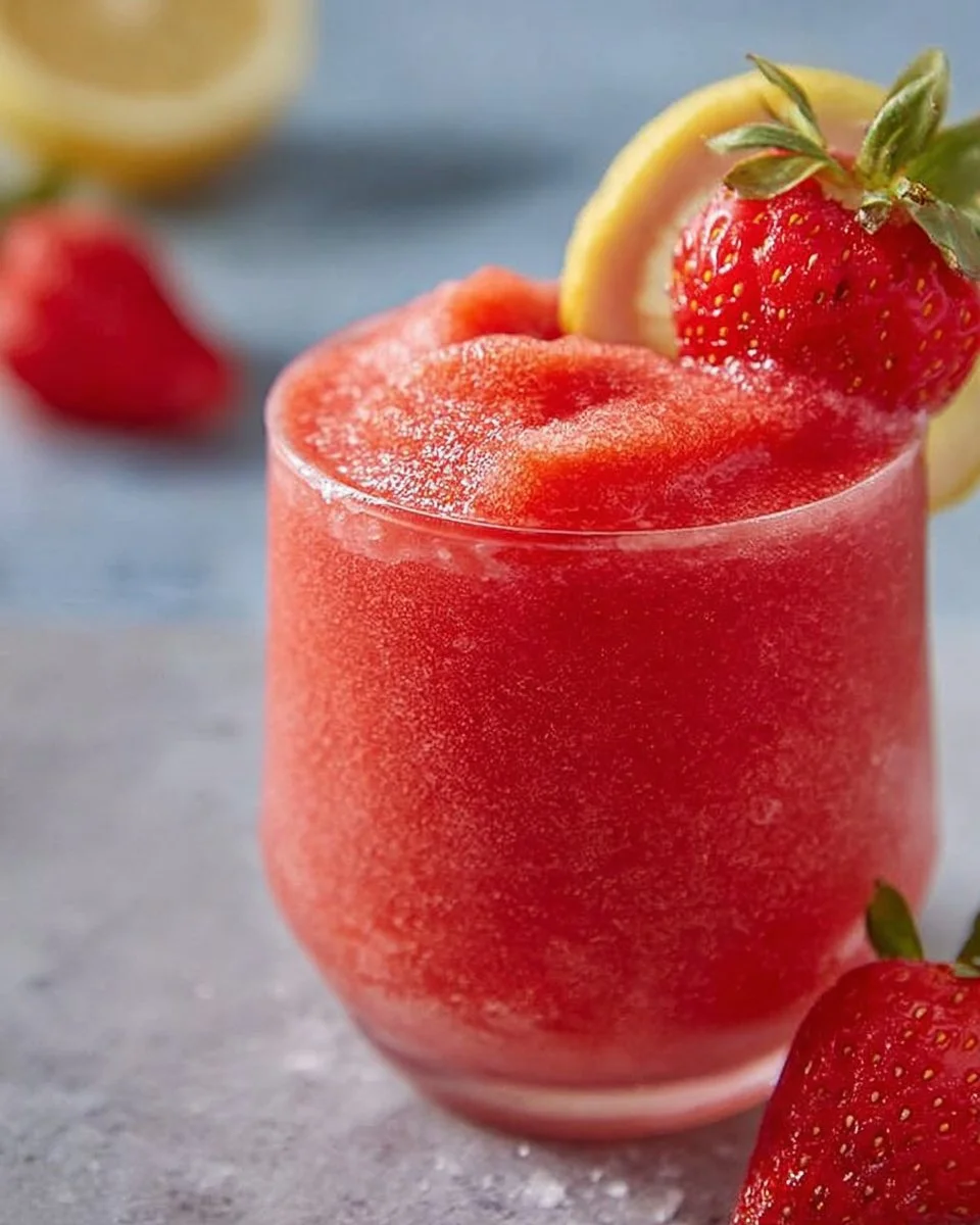 A refreshing glass of frozen strawberry lemonade with fresh strawberries and ice